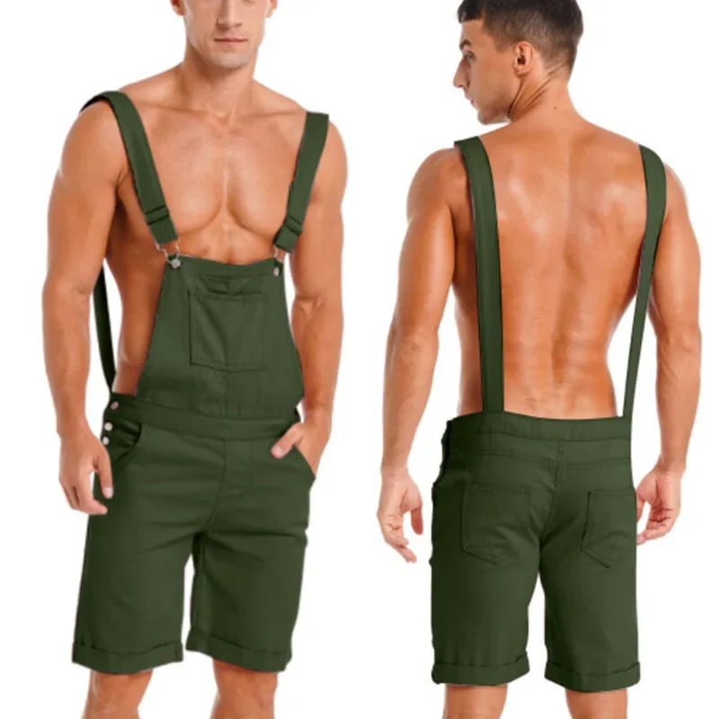 Shorts Men Pant Overalls Suspenders Short Cargo Pants Solid Casual Loose High Waist Pocket Button Regular Simple Trousers