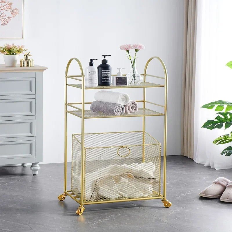 Golden Laundry Basket with Wheels Luxury Bathroom Storage System, Perfect for Next to the Bathtub, Removable Towel Rack