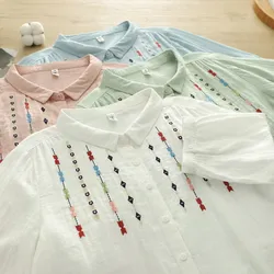 2026 Women's Embroidered Cotton Yarn Button Down Shirt, 3/4 Puff Sleeve Casual Loose Blouse Middle Aged Women Clothes