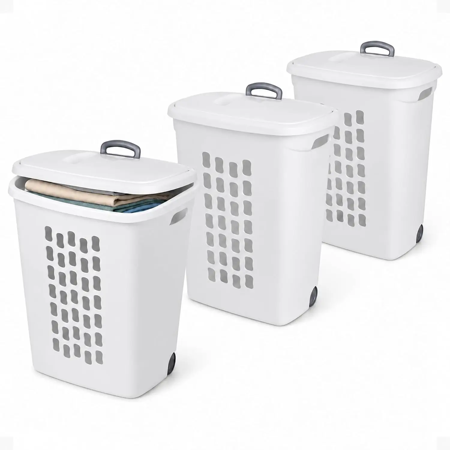 Ultra Wheeled Hamper, Laundry Basket w/ Flip-Top Lid, 3-Pack, White