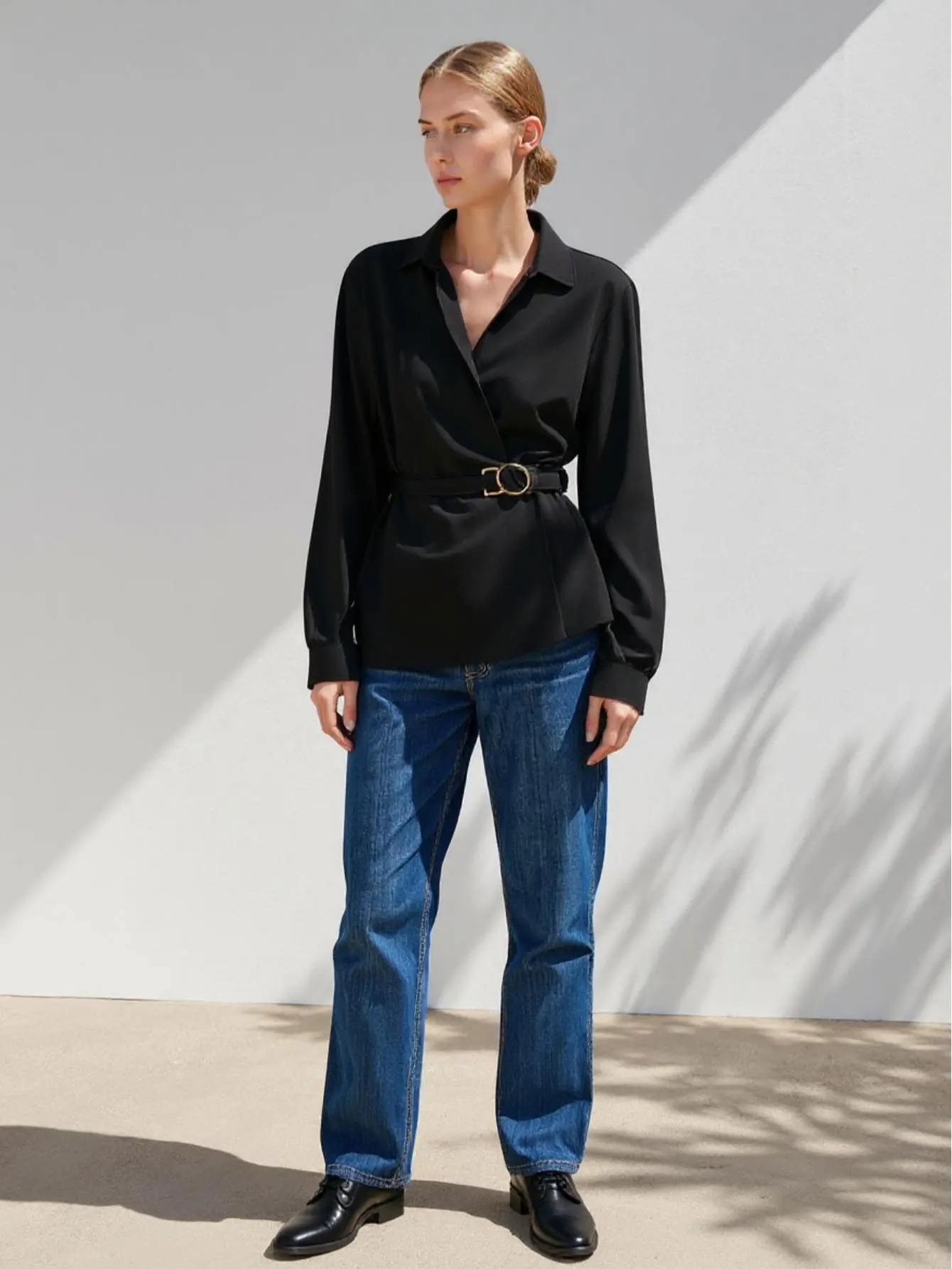 Women's Long Sleeve Shirt French Plain Lapel Regular Fit Office Lady Top for Autumn