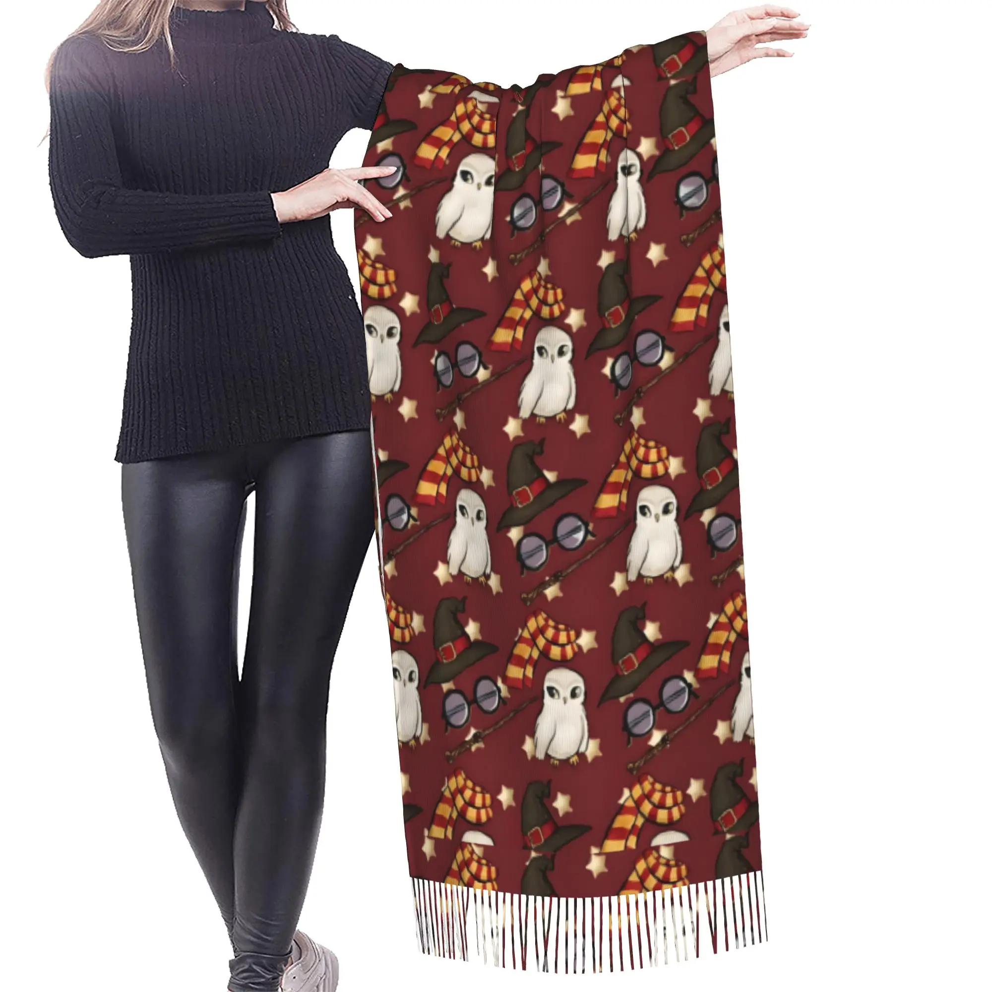 Custom Female Large Halloween H-Harryed Scarves Women Winter Fall Thick Warm Tassel Shawl Wrap Magic School Spooky Scarf
