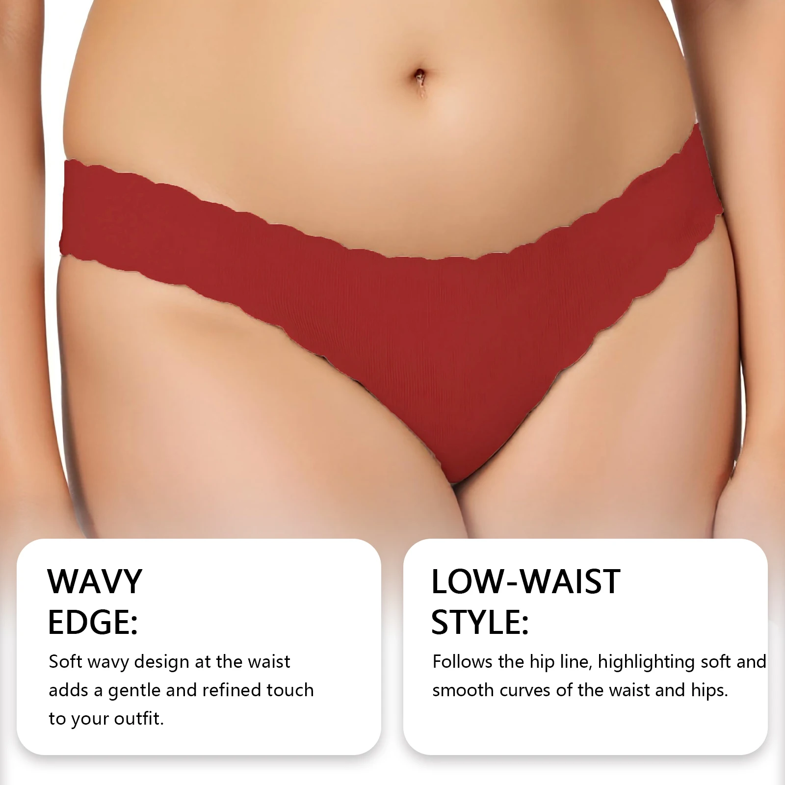 Seamless Low-rise Thong with Wavy Edge, Brick Red, Soft Skin-friendly Fashion Ladies Underwear