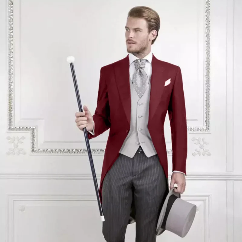 Men Suit 3 Pieces With Gray Vest Striped Trousers Business Casual For Wedding Groom Banquet Tuxedos Set Jacket+Vest With Pants