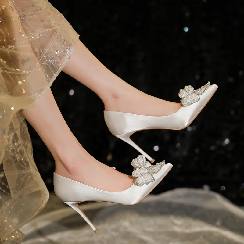 Large Size 32-43 White Wedding Shoes Women Thin Heel Pointed Satin Pearls Bow Bridesmaid High Heels Dress Shoes - view 5