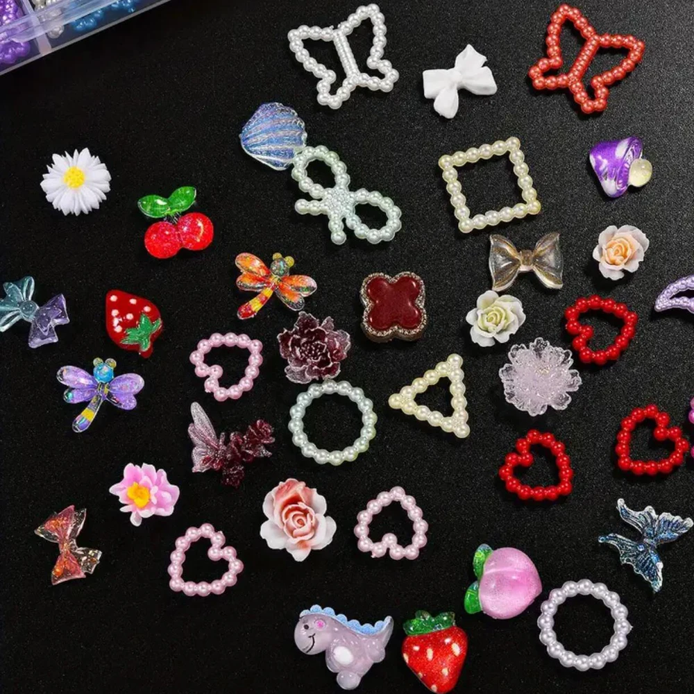 12/24 กริดผีเสื้อดอกไม้โบว์เล็บ Charms ผสมเรซิ่น Flatback เล็บ Rhinestones ไข่มุกอัญมณีสําหรับเล็บออกแบบ DIY หัตถกรรม