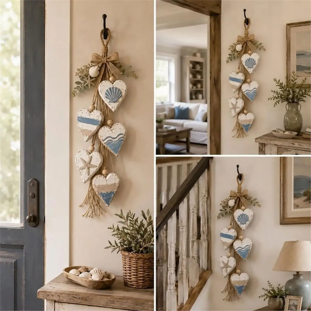 Hanging Heart Wall Decor, Rustic Farmhouse Hanging Heart Decoration with 5 Layer Wooden Hearts, Rustic Neutral A