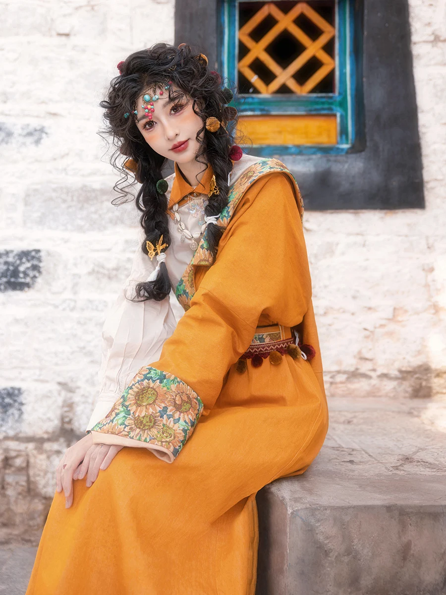 Tibetan Clothing Women's Robe Yellow Improved National Style Top Tibet Travel Photography Thin