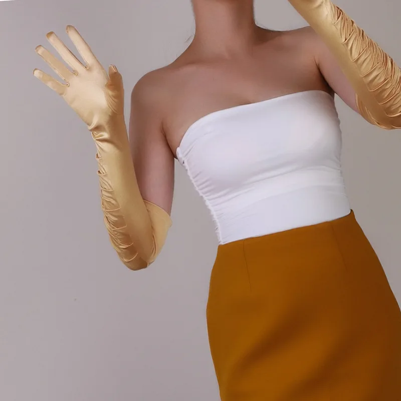 Guantes largos de satén para mujer, manoplas elegantes con diseño de arrugas, protección solar para conducir, fiesta de noche, Cosplay y boda