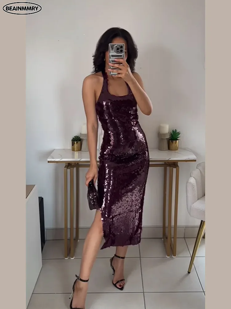 Sexy Purple Glitter Sequins Backless Halter Dress Women Sexy Sleeveless Bodycon Split Midi Dresses 2025 New Elegant Party Robes