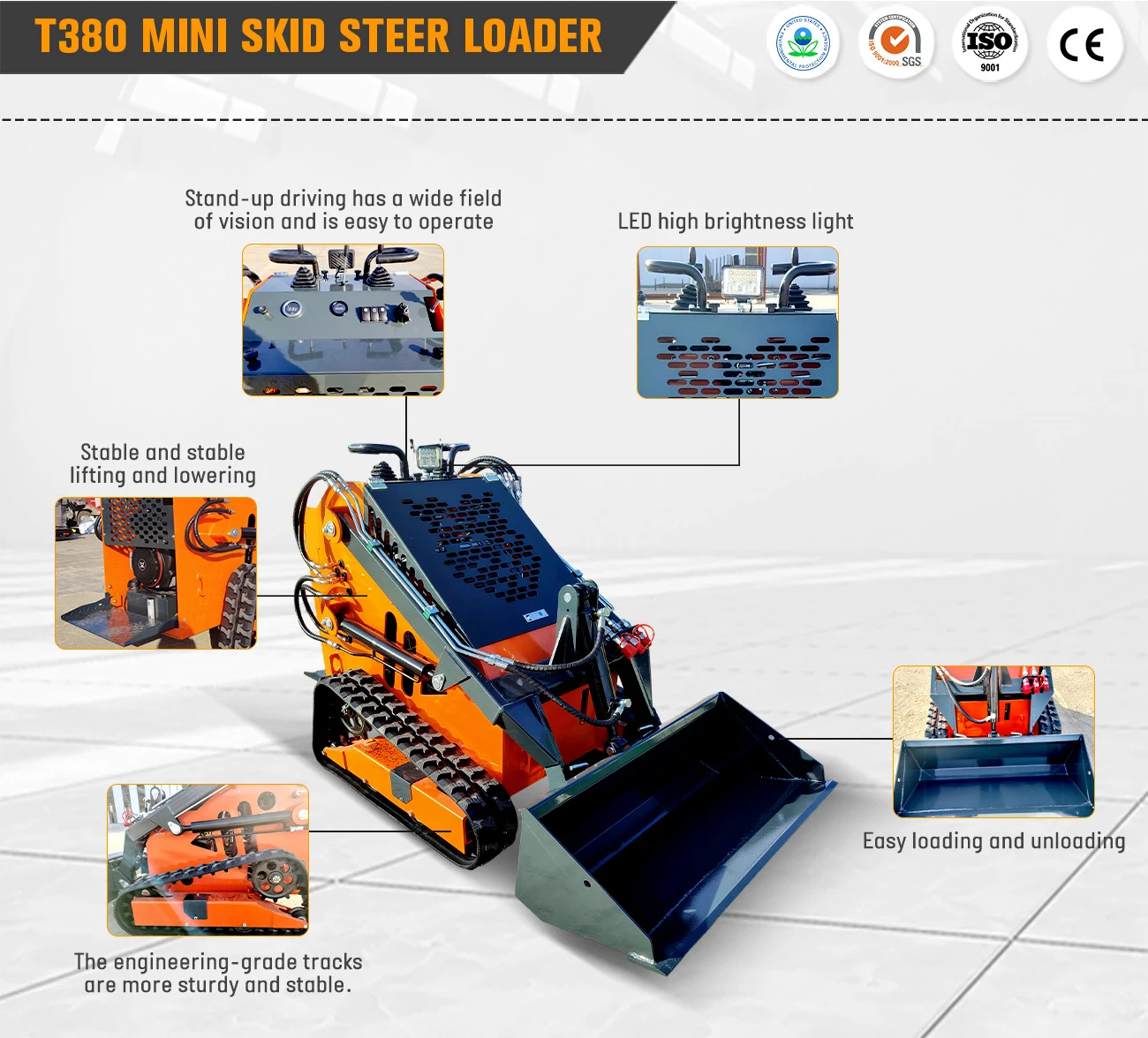 Maßgeschneiderter Mini-Skidsteer-Ständer aus China mit Anbaugeräten, Mini-Raupen-Kompaktlader mit Schiene – Detail 12