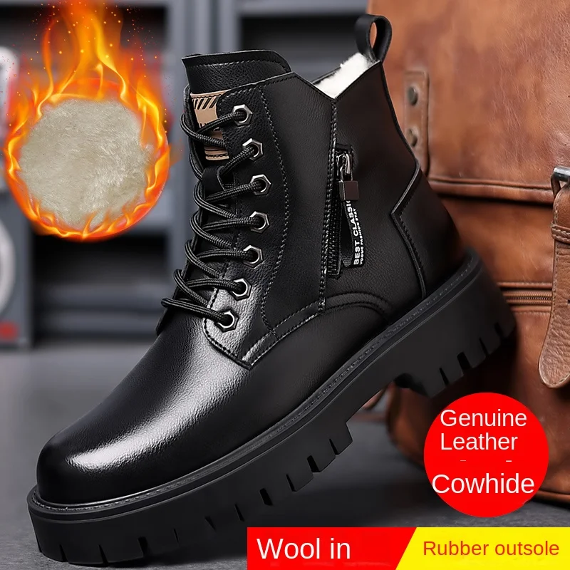 Botas de neve antiderrapante com sola grossa masculina, sapatos de couro, cabeça grande, clássicos, quente, casual, trabalho, exterior, outono,