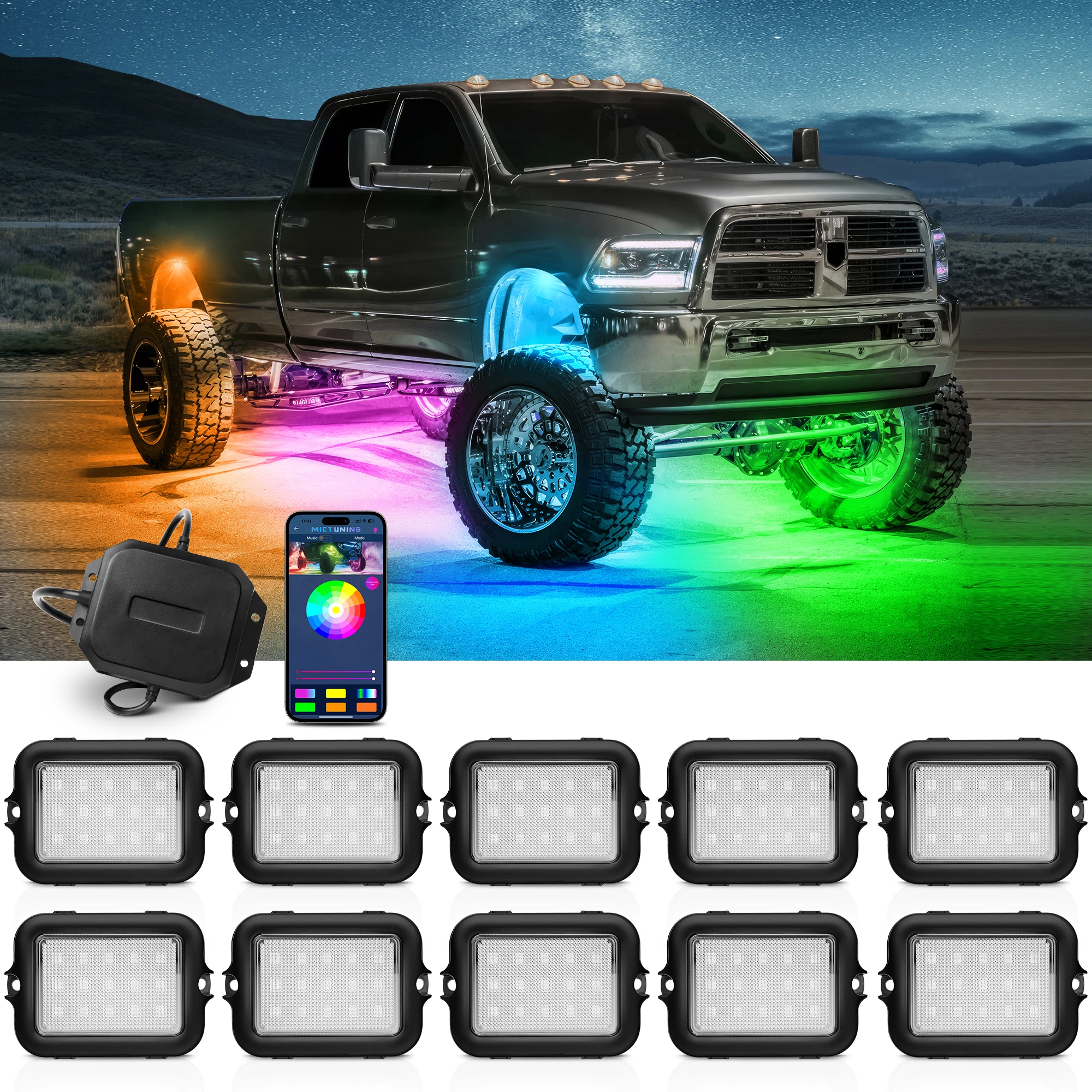 

MICTUNING Y1 RGB+IC LED Rock Lights Kit Chasing Color, 12 Pods Underbody Underglow Lighting Kit with Wireless APP Control