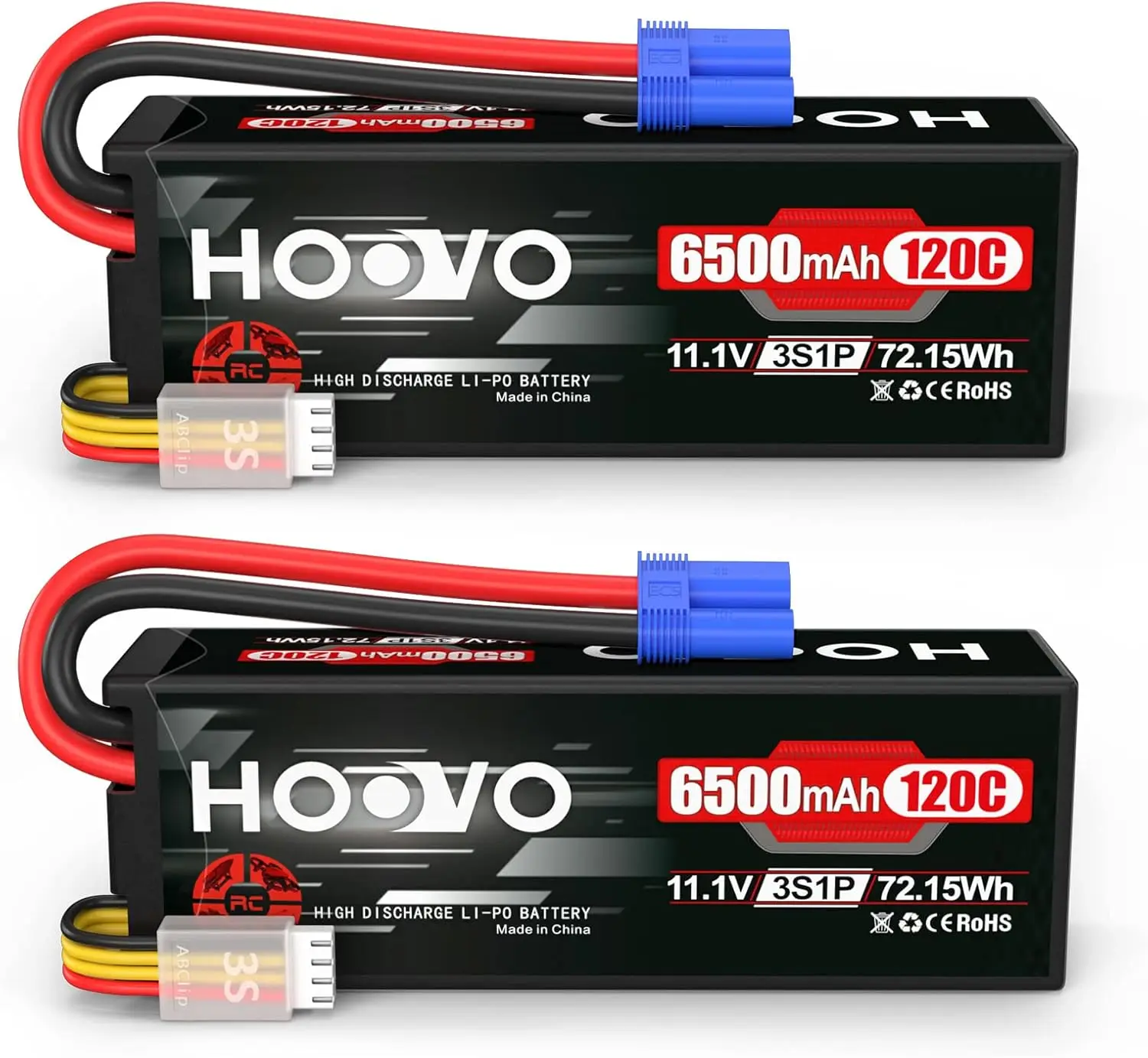 

3S 11.1V Lipo Battery 6500mAh 120C Hard Case EC5 Plug for 1/8 1/10 RC Car Truck Truggy Boat (2 Pack)
