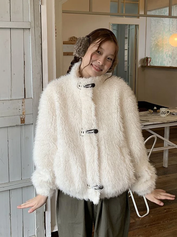 فو لامب المرأة لطيف معطف أبيض موضة الكورية الوقوف طوق كم طويل سترة حلوة شتاء دافئ سميكة فضفاضة جيوب القمم