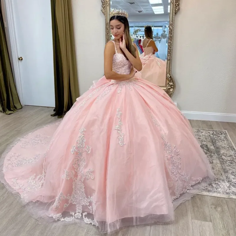 ANGELSBRIDEP tali Spaghetti merah muda gaun putri Quinceanera manik-manik applique bunga gaun 16th manis Vestido De Xv aauos