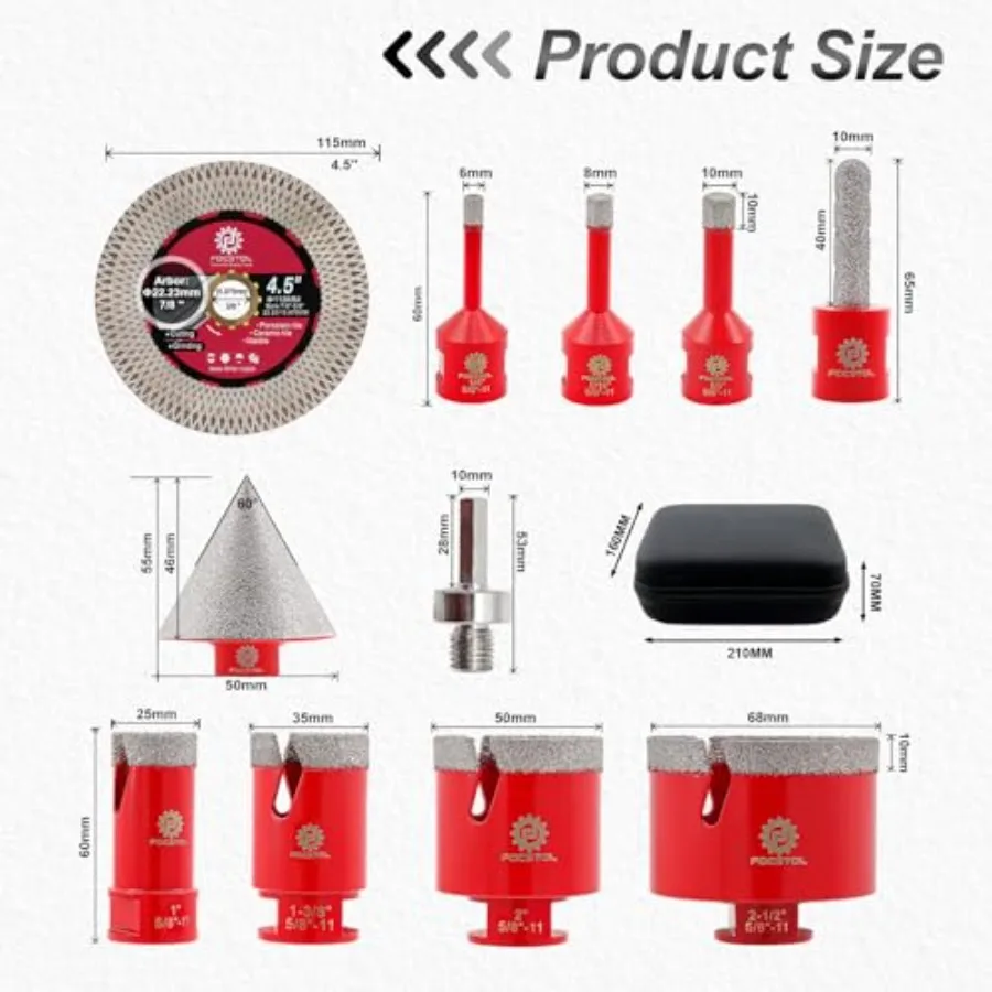 Diamond Core Drill Bit Set - 11pcs 6/8/10/25/35/50/65mm+10mm Finger Milling Bit+50mm Beveling Chamfer Bit+Hex+4.5'' Saw Blade H view 2
