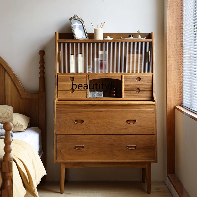 

Myanmar Teak Wood Vintage Style Bedroom Storage Chest Bedside Cabinet All Solid Wood with Mirror Dressing Table