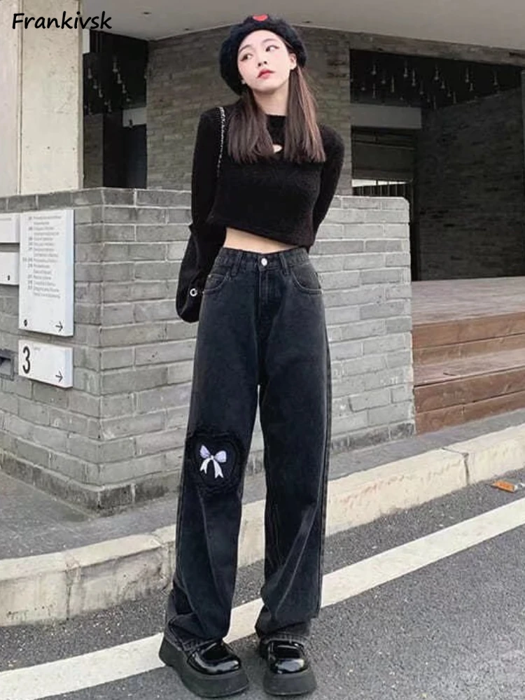 

Jeans Women Korean Style Hotsweet Y2k Summer Patchwork Bow Harajuku All-match Streetwear Denim Trousers Loose College Fashion