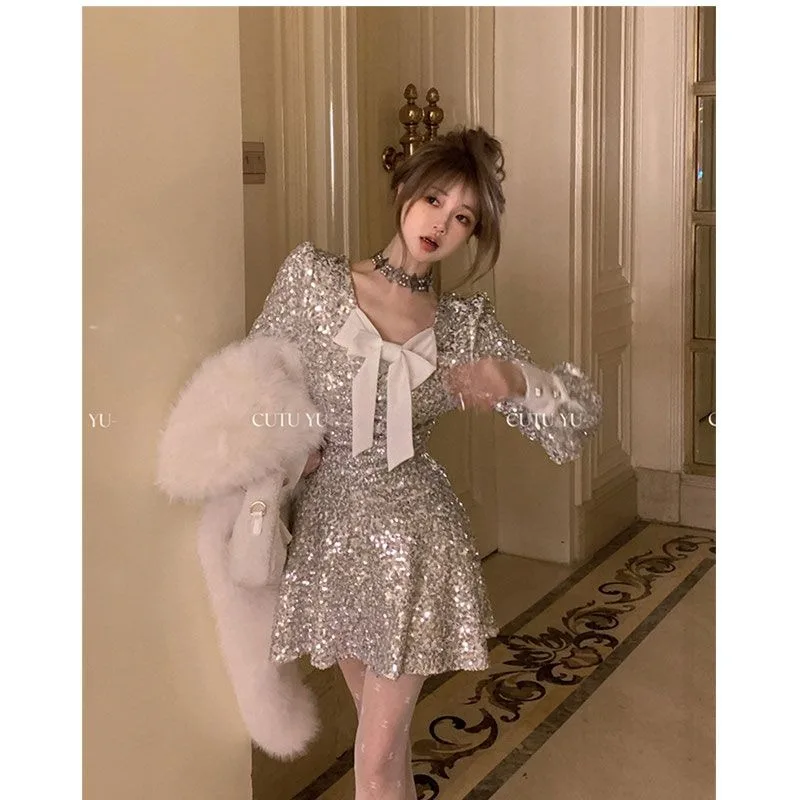 

Spicy Girl Bow Sequin A-line Dress Women Fashion V-neck Bubble Sleeves Temperament Celebrity Banquet New Year Waist Slim Wear