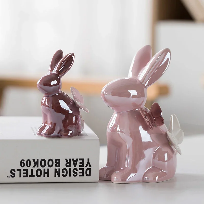 

Rabbit Statue Ceramic Home Decor Animal Butterfly Figurines Ornament Aesthetic Decoration Kawaii Room Christmas Gift Accessories