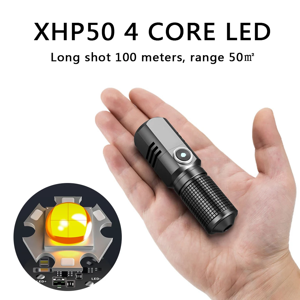 Poderoso XHP50 Mini Lanterna LED, USB C Recarregável, Tocha De Liga De Alumínio, Zoomable Bolso Luzes De Mão, 3 Modos, 18650 Bateria Lâmpada