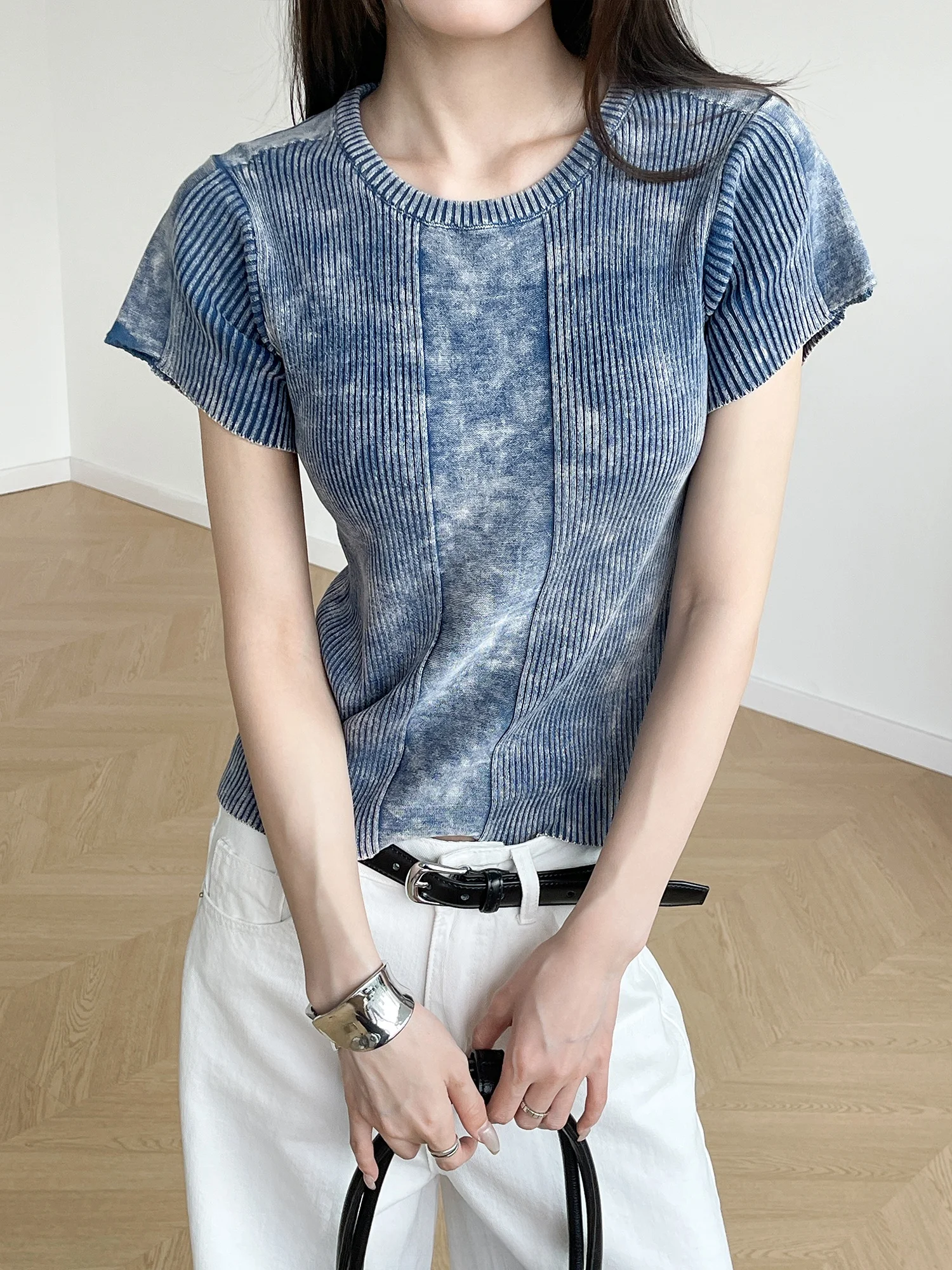 

Женская футболка Inbeowroom с коротким рукавом, вязаная из мягкого хлопка, винтажный дизайн, облегающий крой, эластичный топ, повседневная летняя мода