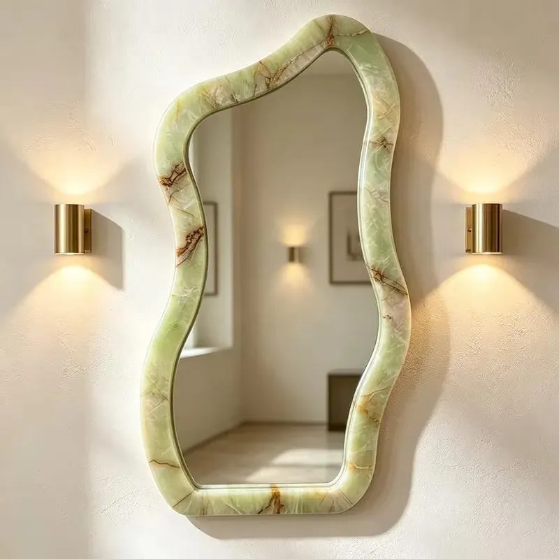 Luxury Green Agate Mirror Natural Stone Wall Decor Irregular Marble Dresser Decoration