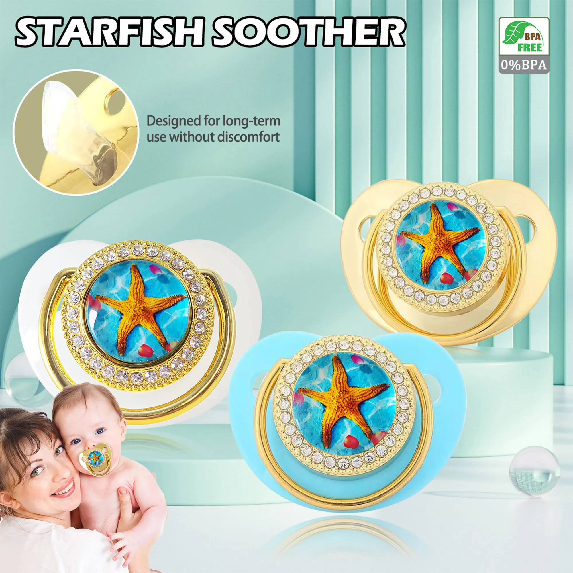 Starfish Diamond Pacifier for 0-3 Years Infants, Made of Silicone with Pacifier Clip and Dust Cover, Ideal for Teething Babies