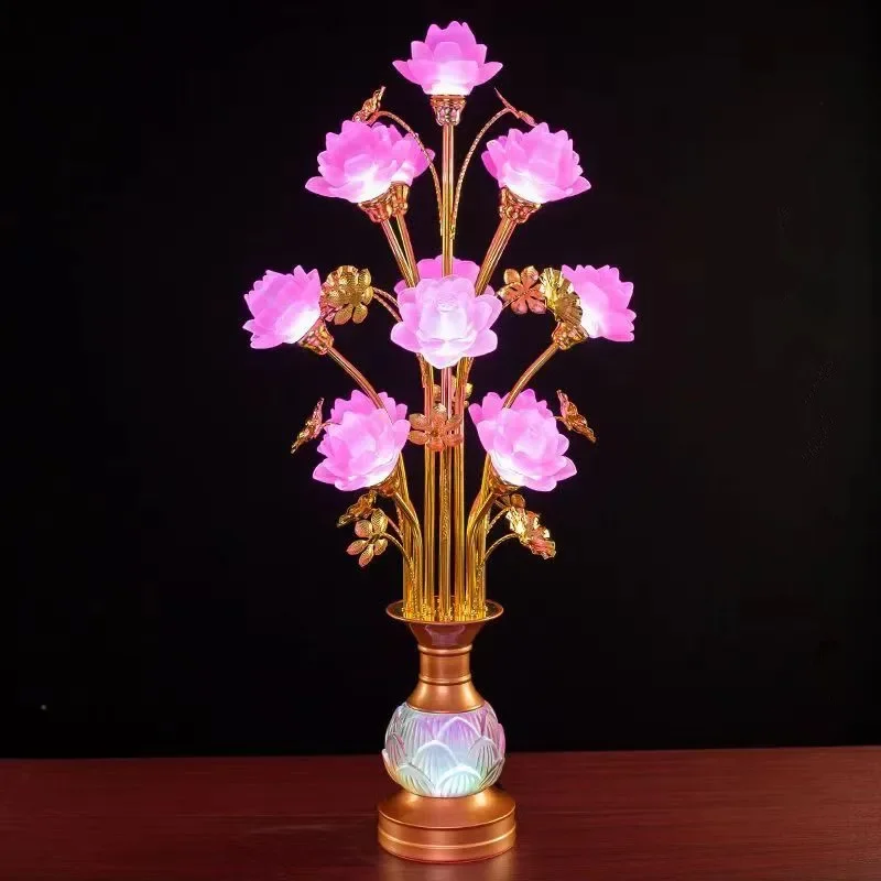 Abel colorido led lâmpada de mesa de lótus para buda doméstico salão de buda vidro templo adoração lâmpada frontal de buda