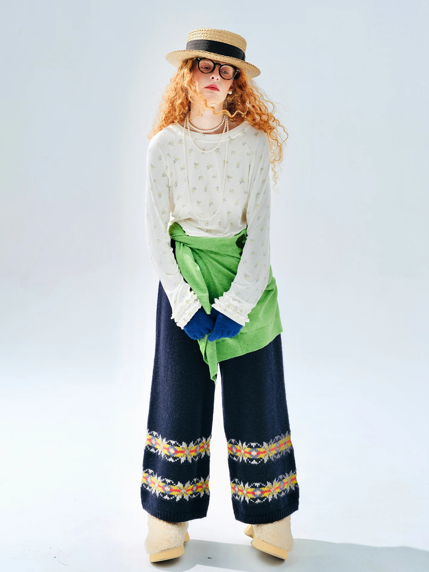 Wit T-shirt met lange mouwen - imakokoni 2025 Herfst Veelzijdige bloemenprint Artistiek Casual Ruches Innerlijke herfsttop 255262