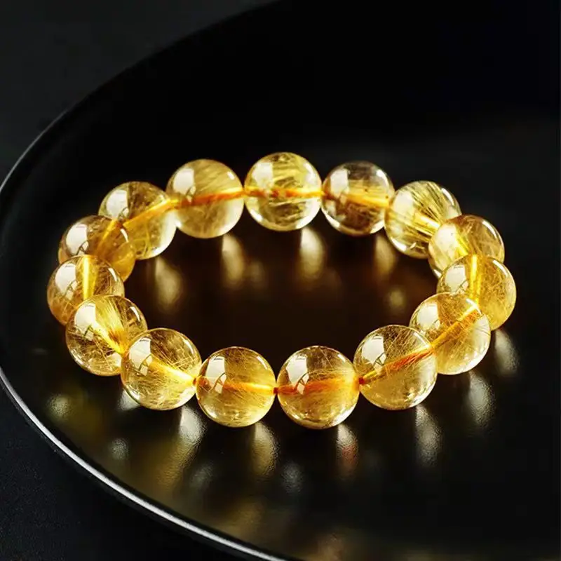 2027 New Natural Rutilated Quartz Beaded Bracelet Brazilian Citrine Rough Stone Crystal Bracelet Loose Beads For DIY Jewelry Mak