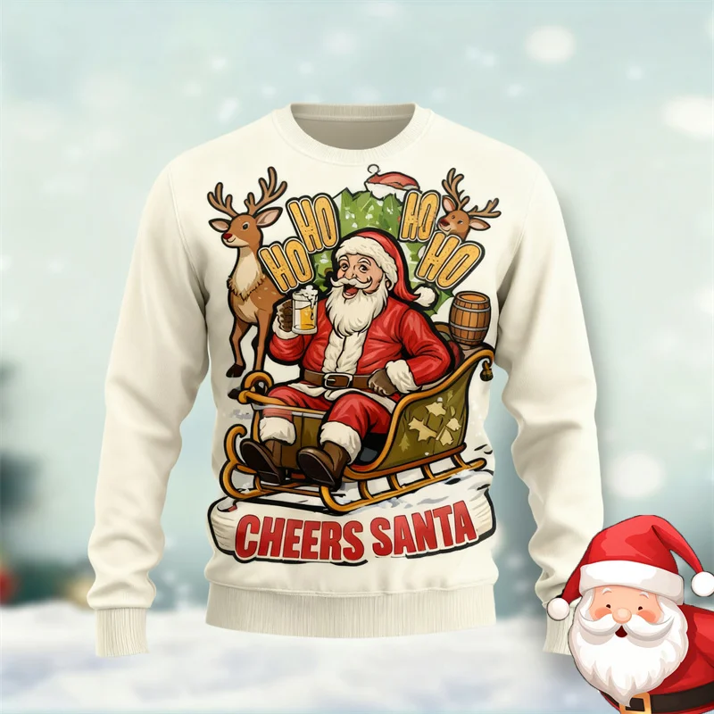 

Уродливый рождественский свитер для мужчин, забавный Санта-Клаус с графическим принтом, зимняя мода, теплый пуловер, повседневная свободная толстовка