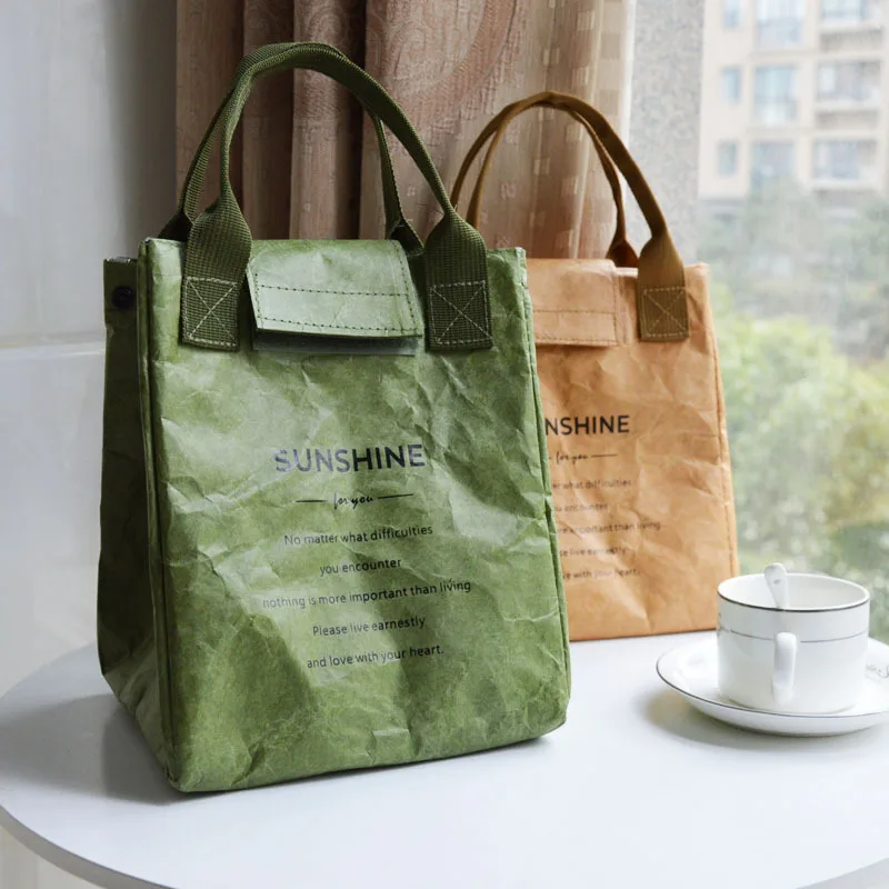 Eco-friendly Kraft Paper Insulated Lunchbag Bento Tote Women Bolsa Lonchera Waterproof Dupont Paper Lunch Bags for Kids