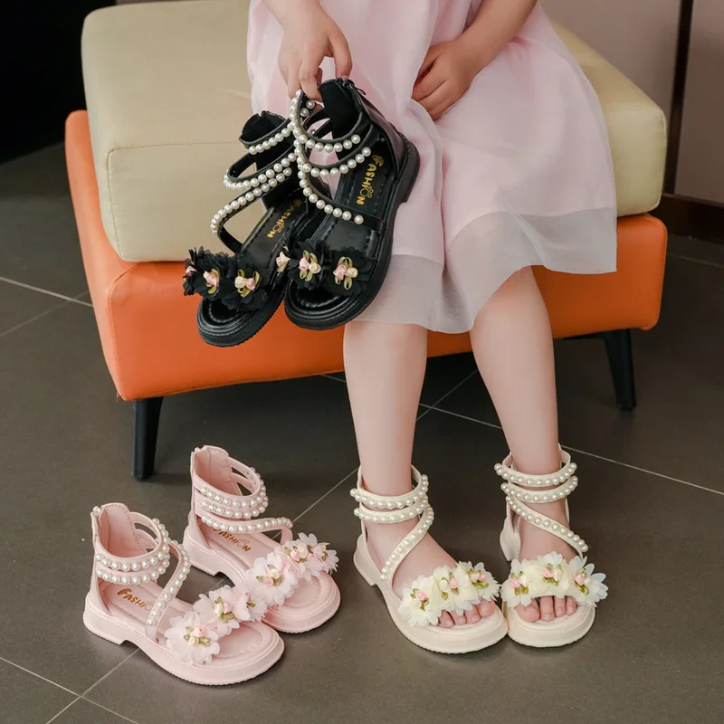 

Children's Sandals for Girls Elegant Sandals Pearl Beading Sweet Princess Dress Shoes Kids High-top Roman Sandals Back Zipper