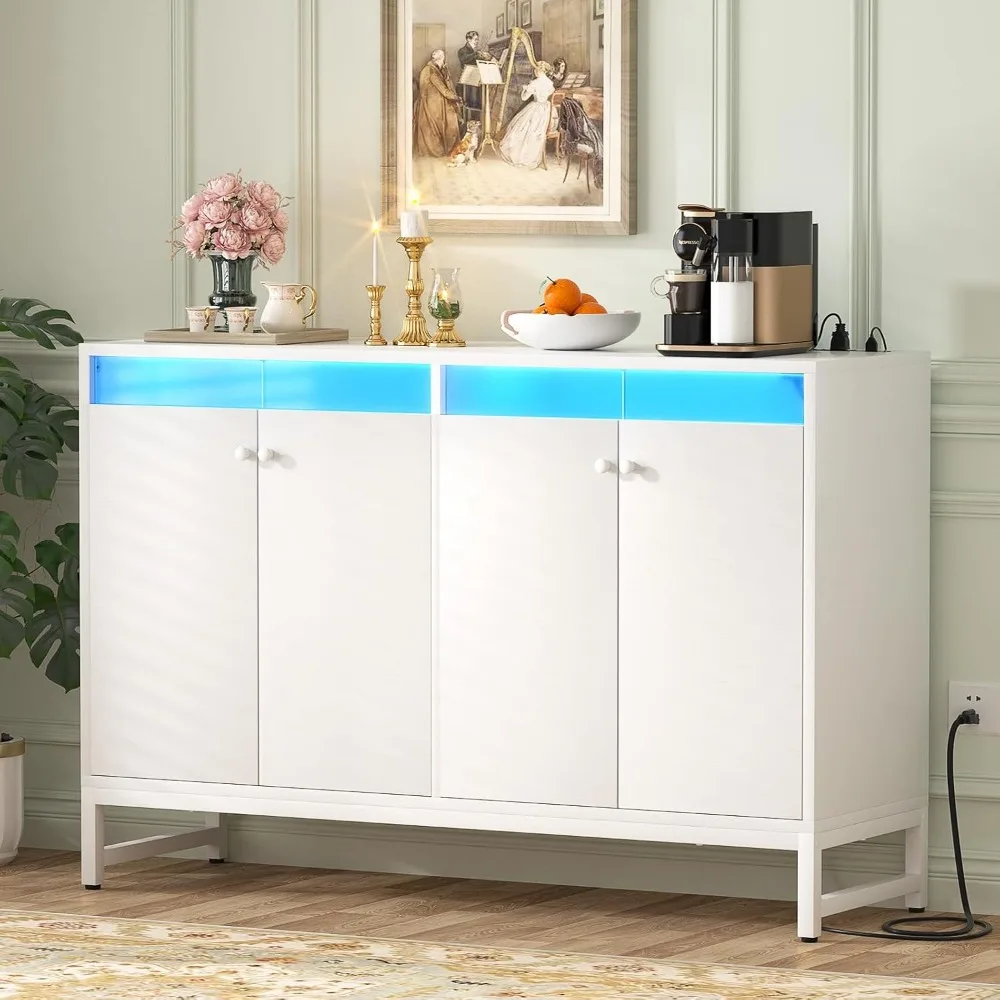 Sideboard Buffet Cabinet with Power Outlet and LED Light, White Storage Console for Dining Room