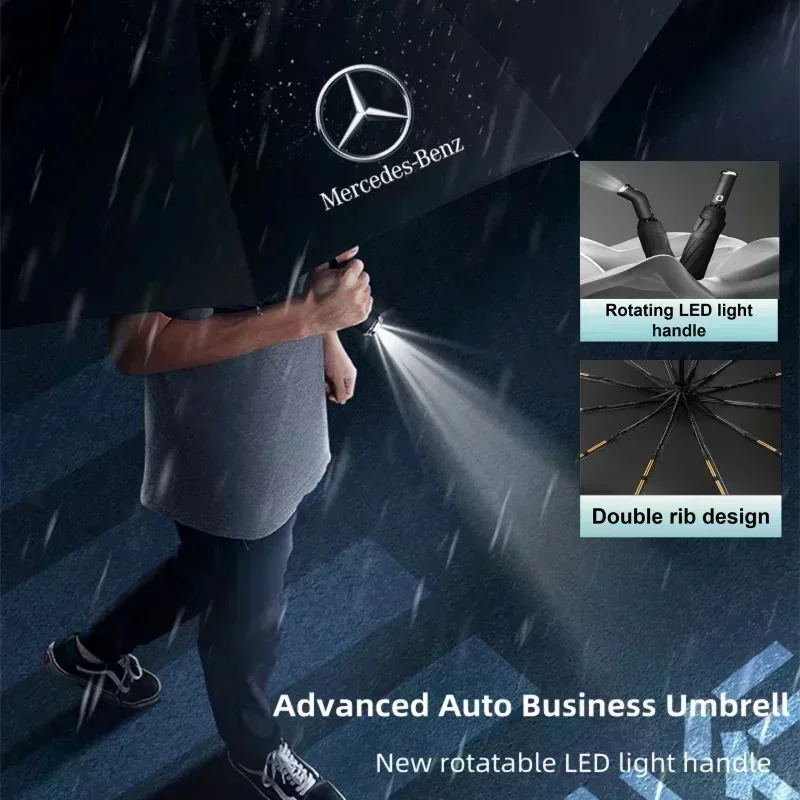 W pełni automatyczny składany parasol z ochroną UV, podwójnymi żebrami i oświetleniem LED, pasujący do Mercedes Benz AMG A C E V Klasa W201 W210 W10