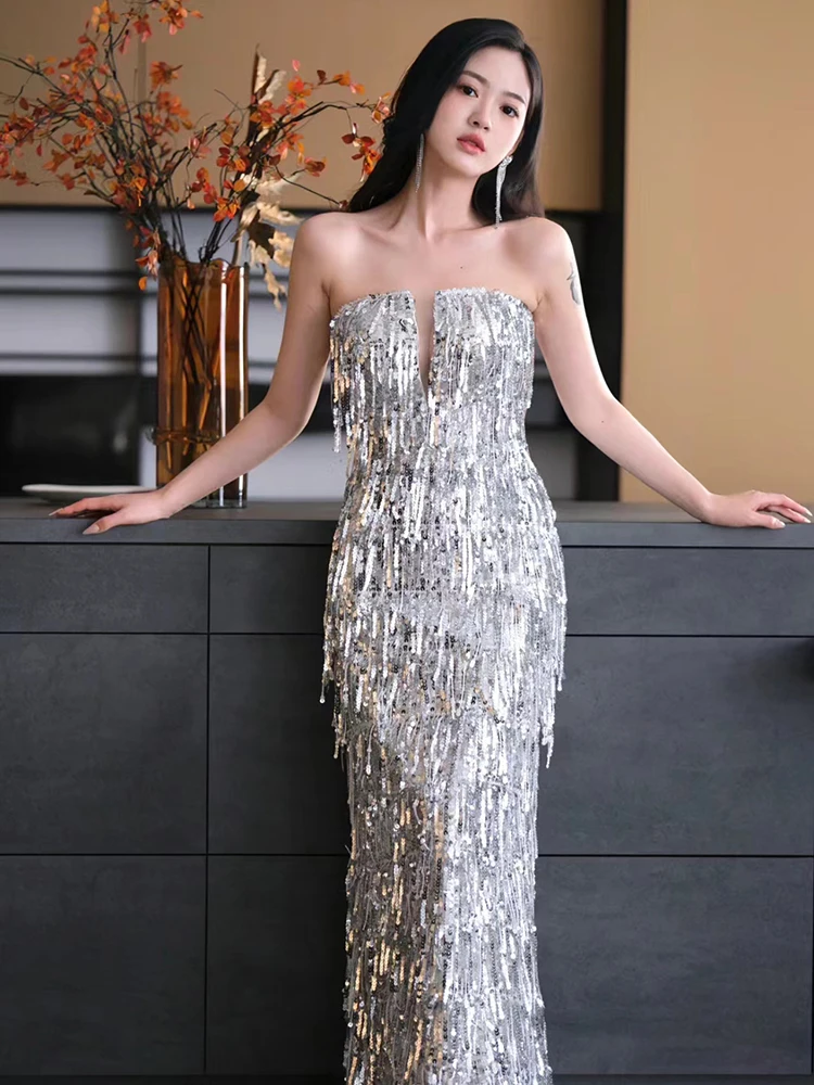 

Серебристое свадебное платье с бахромой, длинное, для выступлений, с застежкой-молнией на талии