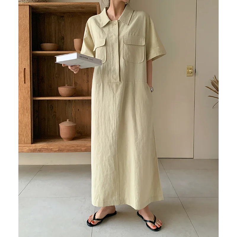 Einfaches Hemdkragen, lässiges und lockeres kurzes Kleid, Damenmode, Basic, Schwarz, Beige, kurzärmeliges Hemd, weibliches langes Kleid, Sommer