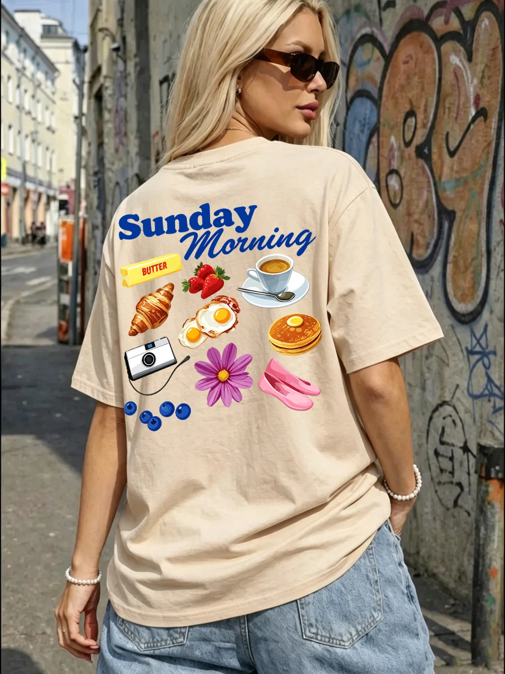 Women T-Shirt Cotton Summer Sunday Morning Food Print Short Sleeve Loose O-Neck Soft Comfortable Tops All-Match Woman Clothes
