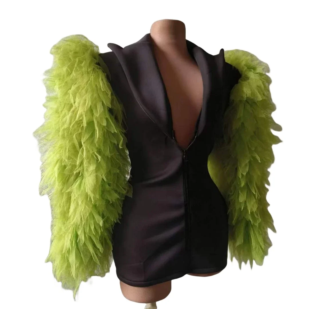 

Black Blazer Women Stage Wear Suit Collar Dress Design Green Puffy Sleeve Drag Queen Singer Costume Jazz Nightclub Stage Wear