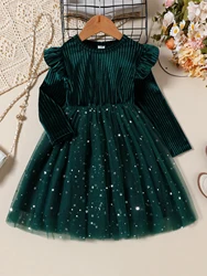 Baby Girl Korean Velvet Pit Stripe Patchwork Mesh Dress