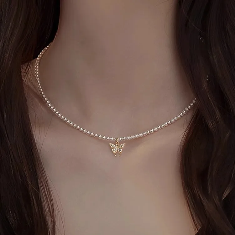 

Shi Jia Butterfly Pearl Necklace Female Master Design Sense Clavicle Chain Cute New Year's Popular Premium Versatile Necklace
