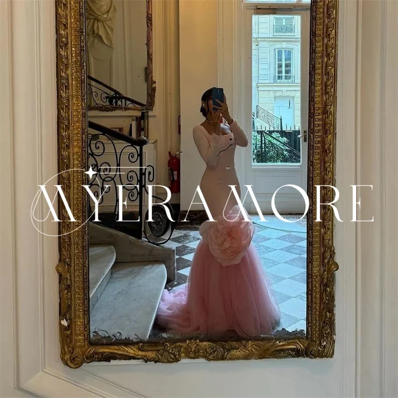 فساتين سهرة فاخرة بحورية البحر باللون الوردي 2025 من الساتان على شكل زهرة وياقة مربعة فساتين لحضور الحفلات الموسيقية تول رداء حفلات مخصص رداء السهرة #3