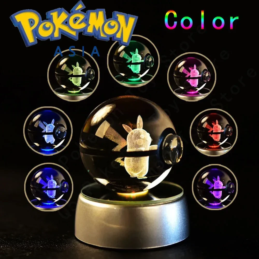 3D Crystal Ball Pokemon Figure Engraving Pikachu Charizard Gengar With LED Light Base Anime Glass Ball Child Christmas Gift Toy