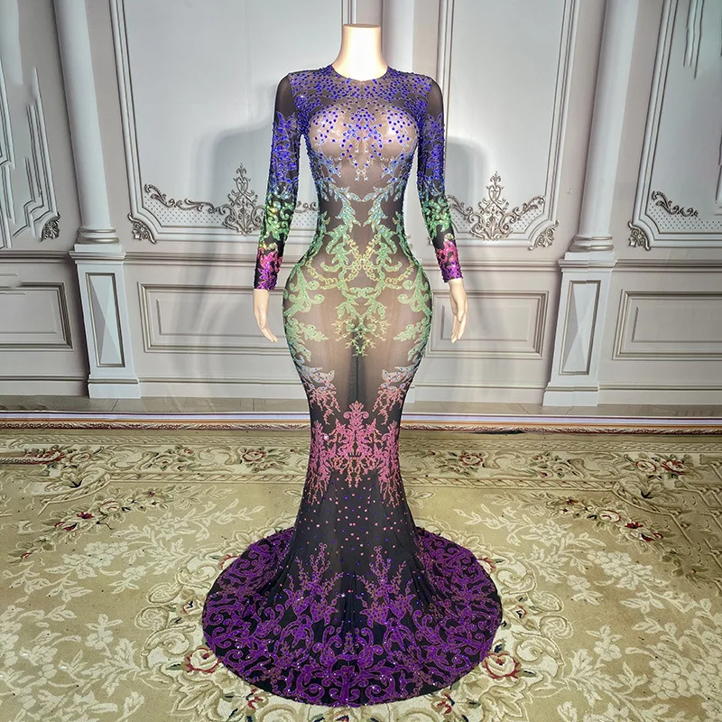 

Evening Birthday Rhinestone Sequins Bar Host Long Dress Floor Female Singer Performance Evening Dress Purple Robe Luxe Cérémonie
