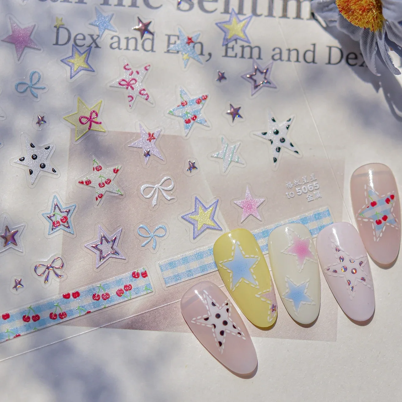 

Geometric Grid Patterned Star Bowknot Polka Dot Line Colored Gradual Lace Laser Cherry Adhesive Nail Art Stickers Manicure Decal