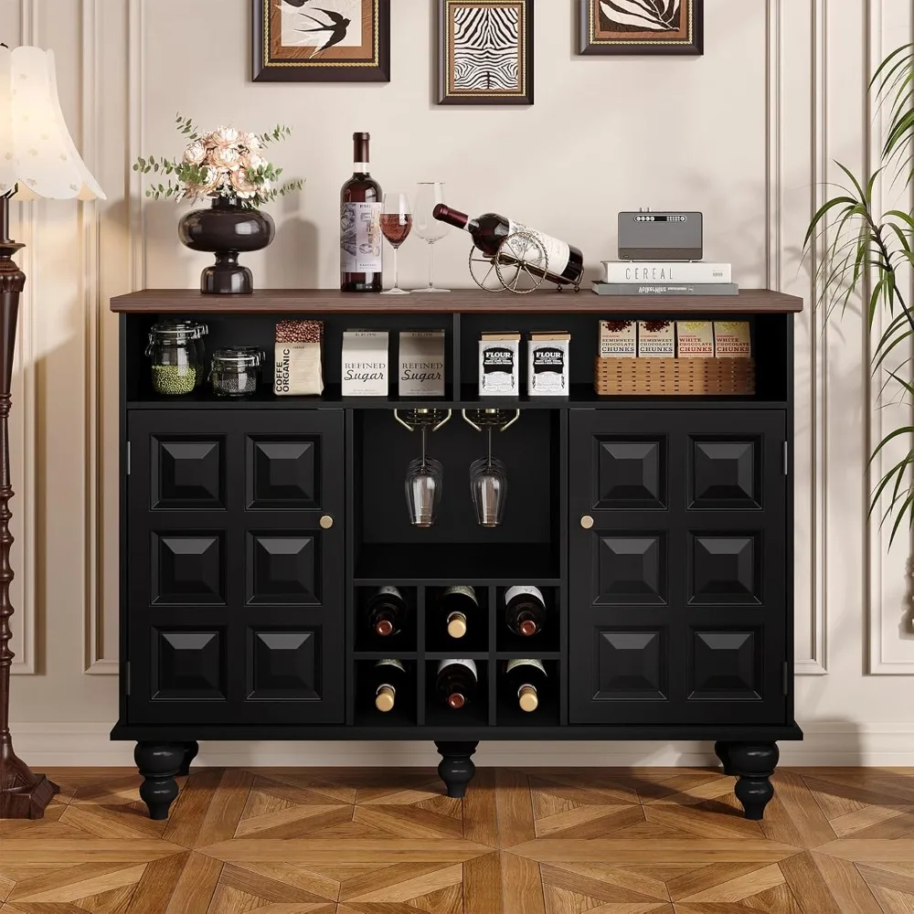 خزانة بار النبيذ الحديثة لمنتصف القرن الأسود مع مساحة تخزين، وخزانة مشروبات مع رف النبيذ وحامل زجاجي، وخزانة بوفيه مع #5