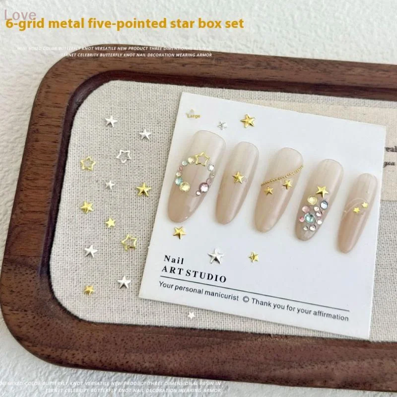 6 Siatek Metalicznych Złotych Srebrnych Ozdób do Paznokci, Cyrkonie w Kształcie Pentagramów, Nitki Dekoracyjne, Zawieszki do Manicure, Płaskie Ozdoby do Paznokci, Akcesoria do Paznokci, Elementy do Paznokci