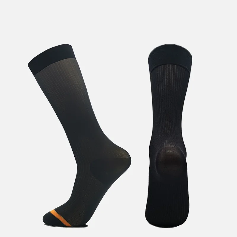 Men's Formal Dress Sheer Stocking Solid Black with Yellow Stripe Fashion Socks Male Cool Elastic Stockings